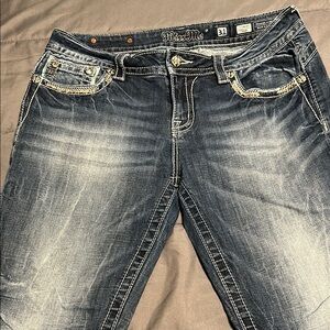 Miss Me Blue standard crop Jeans with Whiskering and Distressing